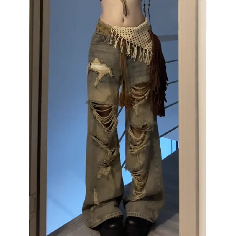 2024 Blue High Waist Women Jeans Feeling Vintage Straight Casual Baggy Streetwear Y2K Ripped Wide Leg Female Trouser Denim Pants