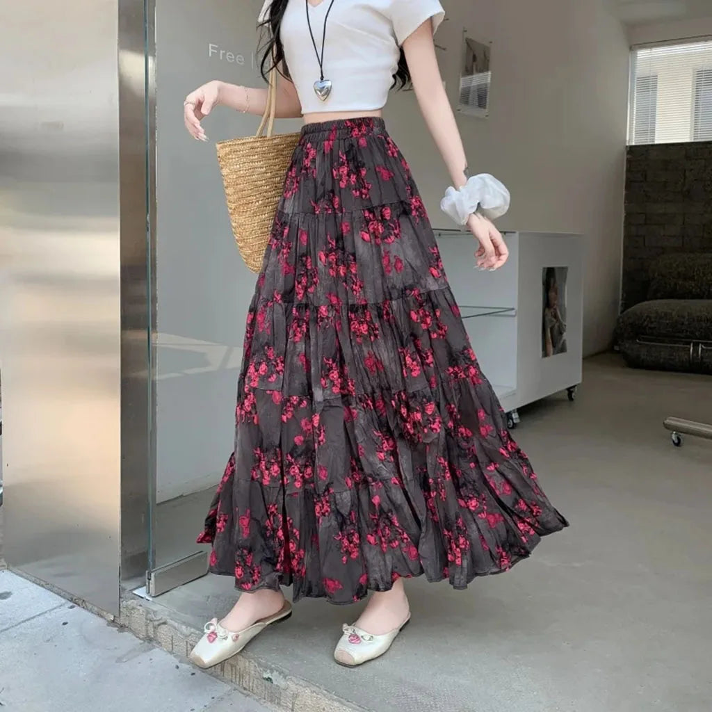 New Fashion Summer Trendy Women's Elegant Ink Dyed Printed A-line Skirt Women's Elastic High Waist Splicing Folded Long Skirt