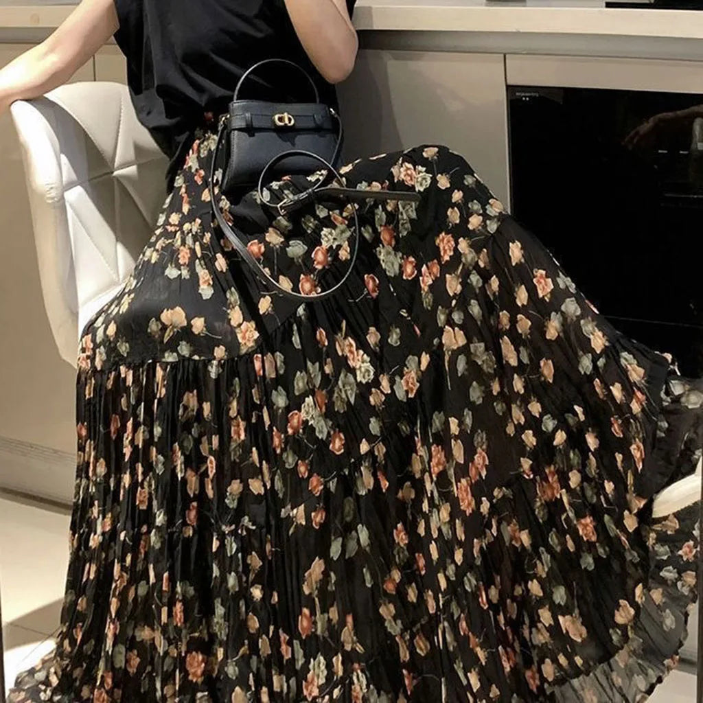 New Fashion Summer Trendy Women's Elegant Ink Dyed Printed A-line Skirt Women's Elastic High Waist Splicing Folded Long Skirt