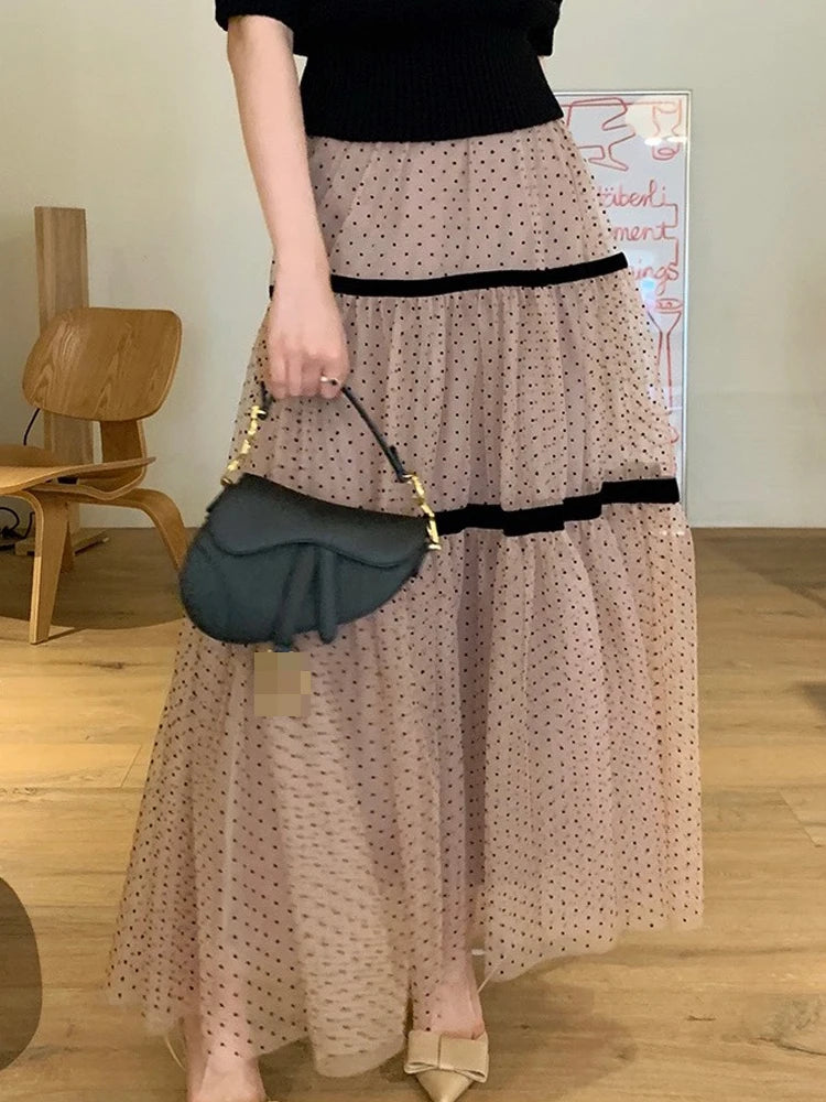 Faionable High Waist Knee-Length Polka Dot f Skirt Women's Korean Sle Spring Autumn Loose A-Line Skirt Long Skirt