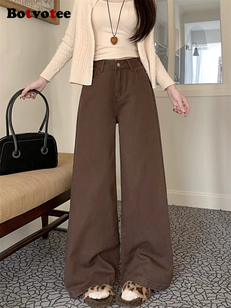 Botvotee Brown Baggy Jeans Women High Waisted Wide Leg Streetwear Y2k Fashion Black Denim Pants Beige Slouchy Jeans