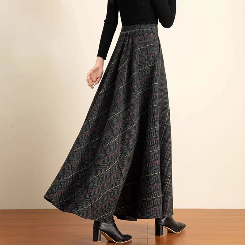 Women's 2026 Fall/Winter Plaid Wool Midi Skirt - High-Waisted A-Line, Plus Size, Thickened & Slimming Long Skirt
