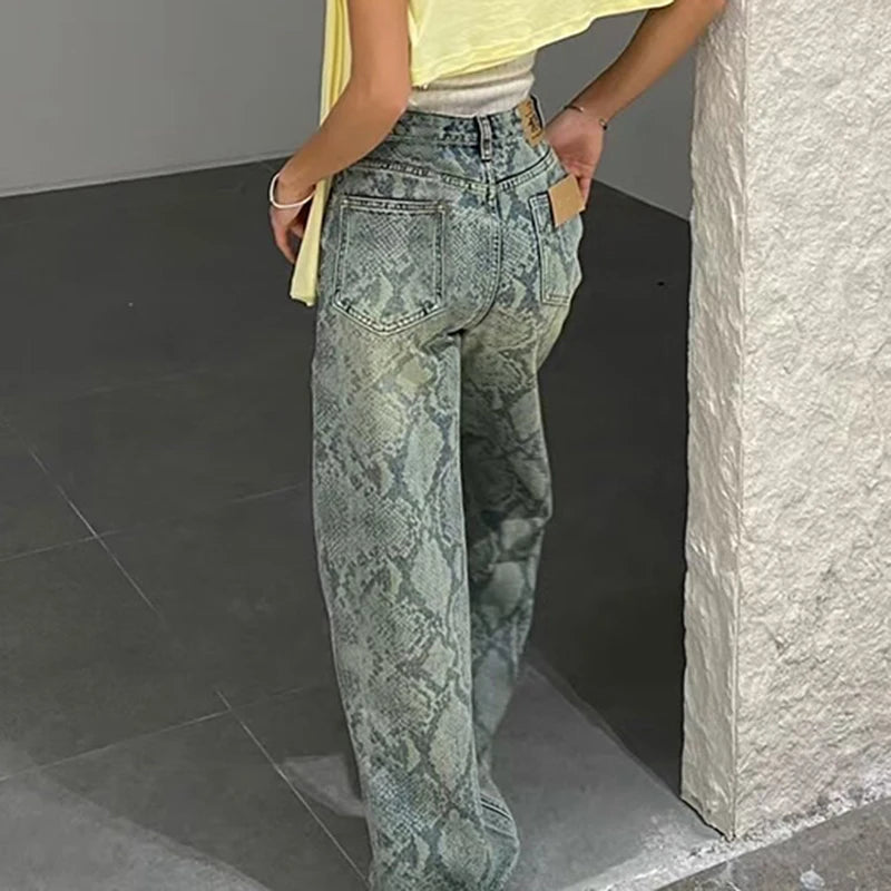 Streetwear Snake-Print Wide Leg Jeans Loose High-Waisted Baggy Denim Pants Y2K Grunge Casual Animal Pattern Trousers Women 2025