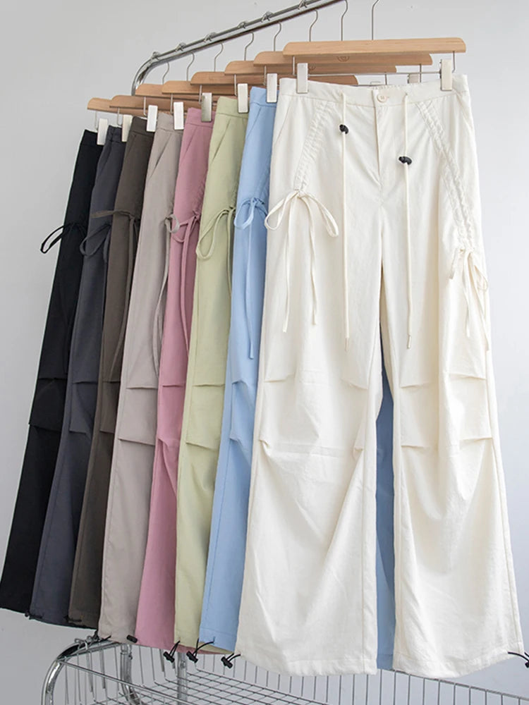 Women's Korean Style Cargo Pants 2025 Spring Autumn - High Waisted Quick Dry Wide Leg Pants with Bow Drawstring