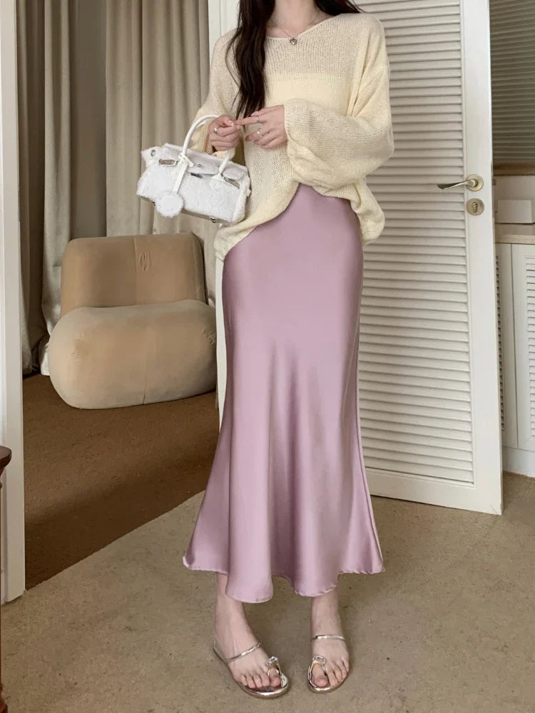 Spring Summer Women's Long Skirt High Waist Satin Silk A-line Skirt Ladies Korean Fashion Solid Pink Fishtail Skirts for Women