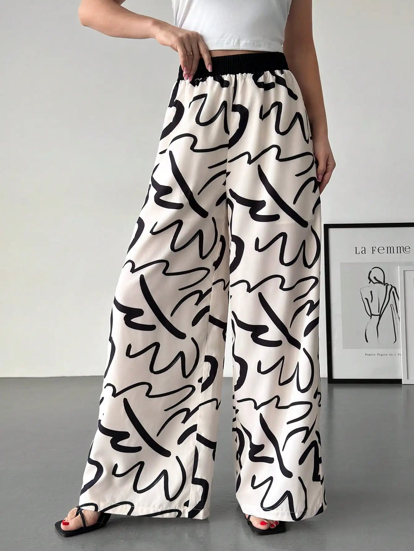 Women's color-block printed loose-fit high-waist wide-leg pants, suitable for commuting, casual wear, and vacations