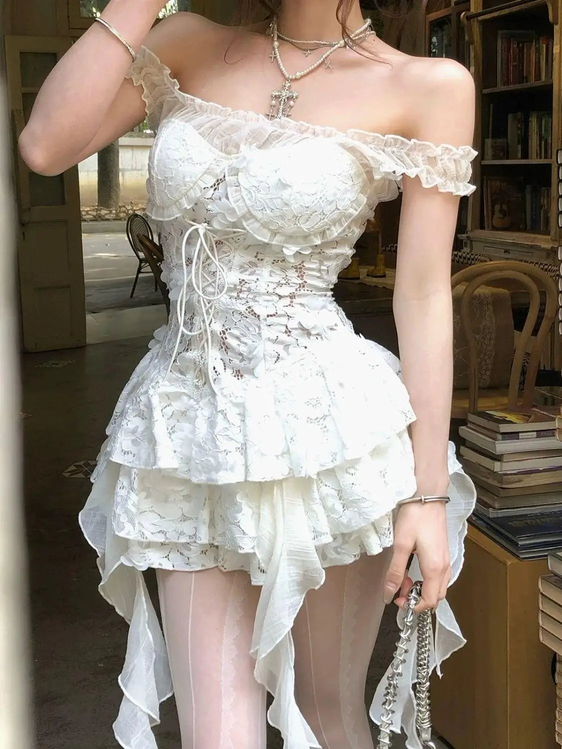 Summer Y2k Off Shoulder Sexy One Piece Dress French Vintage White Lace Slip Dresses Female Chic Design Fairy Outfits 2025 New