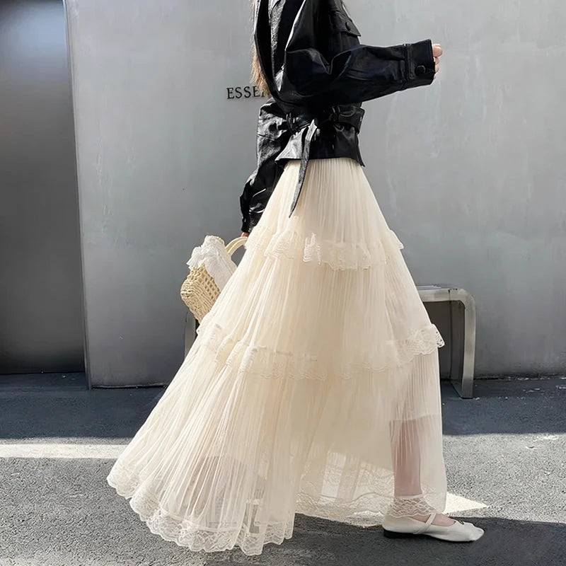 Retro Sweet White Long Skirt Women Casual Loose High Waist Elegant Skirt Vintage Lace Patchwork Korean Summer Long Skirts