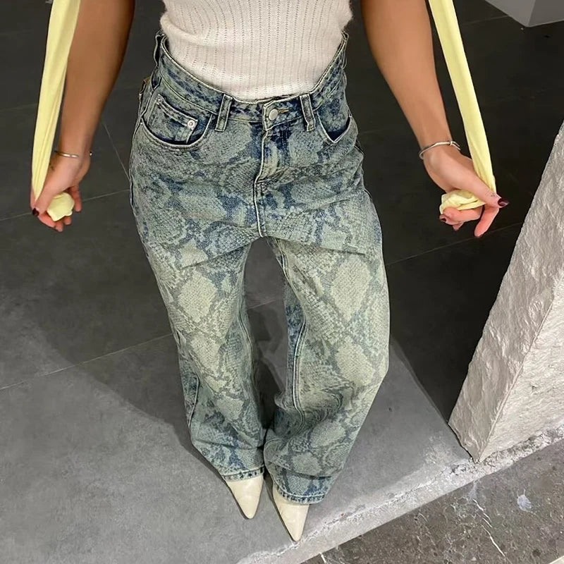 Streetwear Snake-Print Wide Leg Jeans Loose High-Waisted Baggy Denim Pants Y2K Grunge Casual Animal Pattern Trousers Women 2025