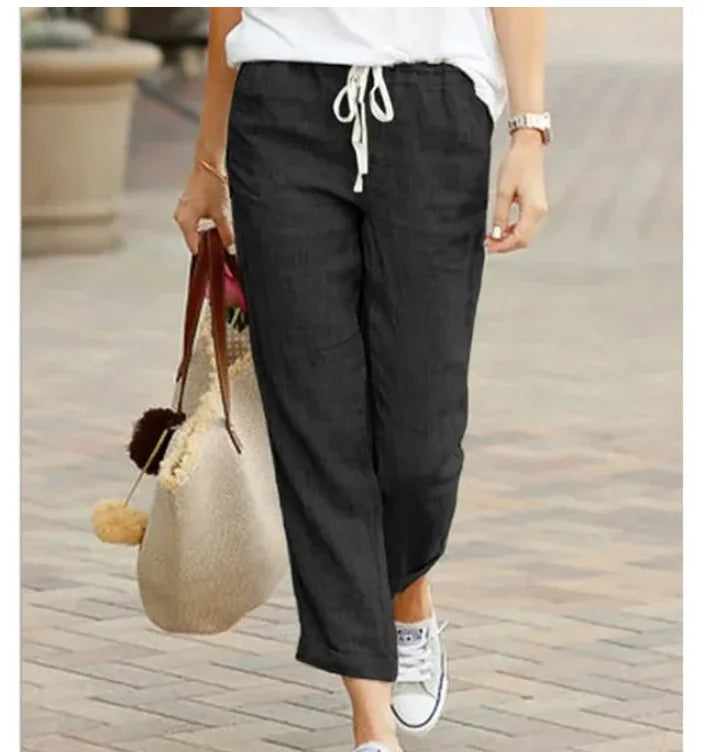 Spring Autumn Cotton Women's Pants Y2K Black Drawstring Elastic Waist Casual Pants Female Loose Fashion Elegant Ladies Bottom