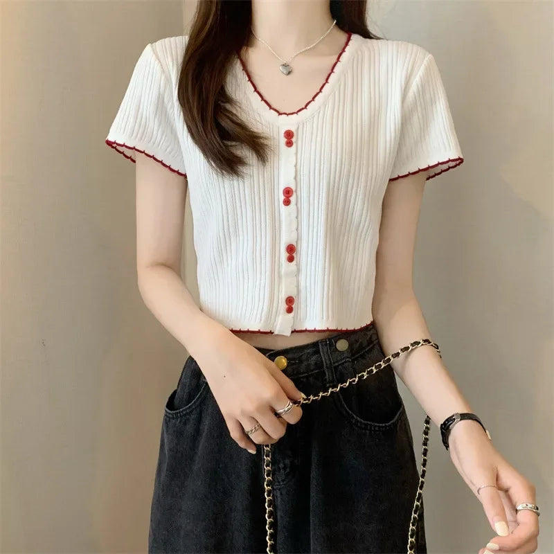 ITOOLIN New Women Korean Style Short Sleeve Knitted T-Shirt Women's Slim Fit Summer New Fashion Short Length V-neck Top