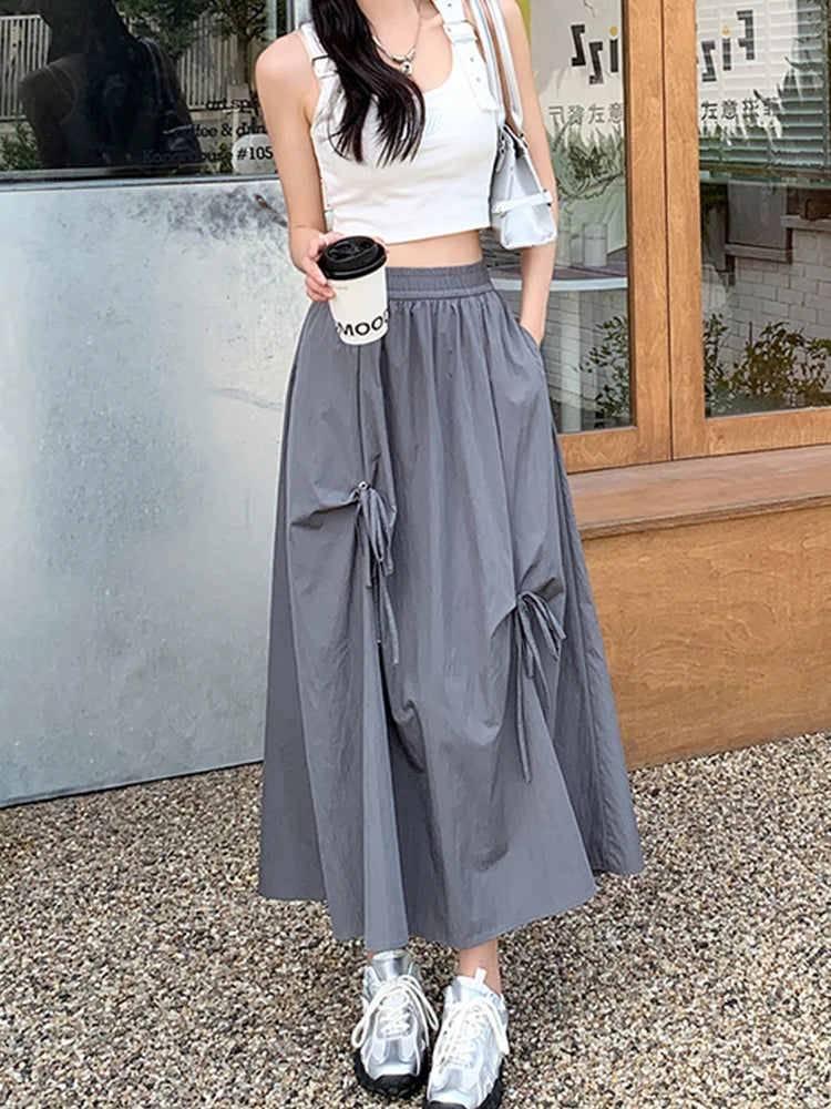 Women's Summer High Waisted Bow Cargo Skirt - Korean Effortless Chic Flowy Big Hem Umbrella Skirt Midi Casual Skirt