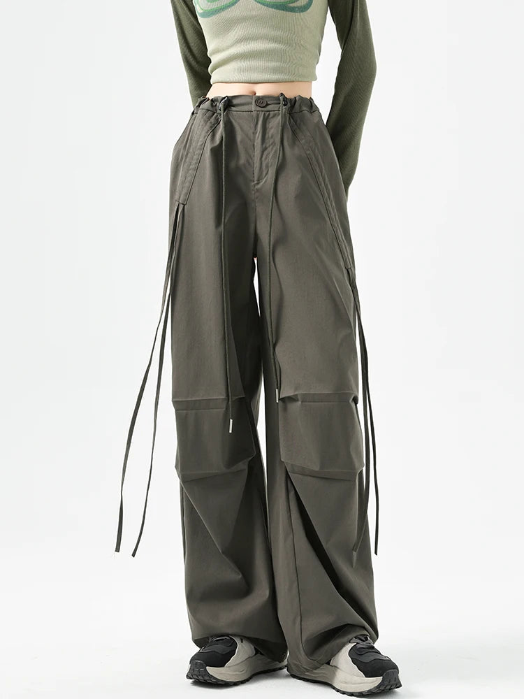 Women's Korean Style Cargo Pants 2025 Spring Autumn - High Waisted Quick Dry Wide Leg Pants with Bow Drawstring