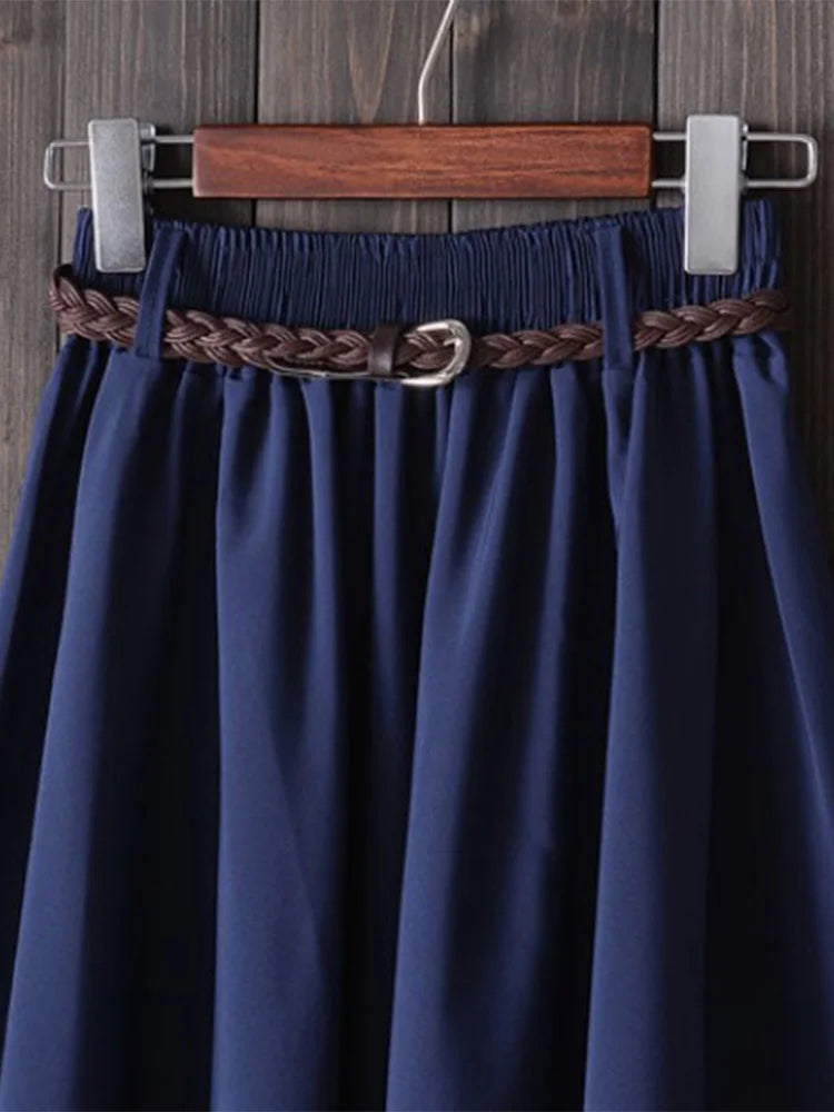 Midi Knee Length Summer Skirt Women With Belt Fashion Korean Ladies High Waist Pleated A-line School Skirt Female