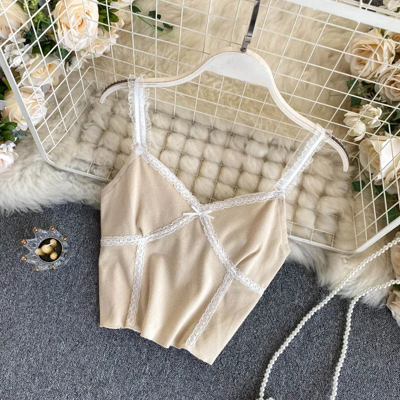 ITOOLIN Women Lace Up Crop Tops V-Neck Knitted Camis Short Slim Underwear Tops Straps Tops for WOmen 2025 Summer