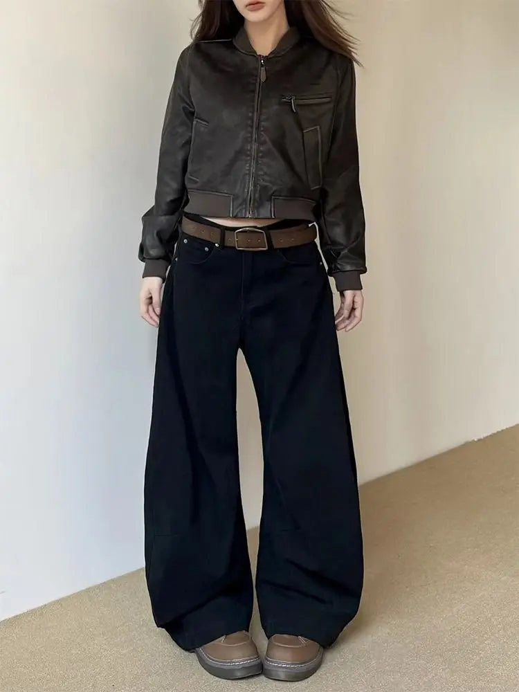 American Vintage 2000s Style High Waist Camel Jeans Pants Spring Fashion Women's Baggy Y2K Wide Leg Denim Trouser Female Clothes