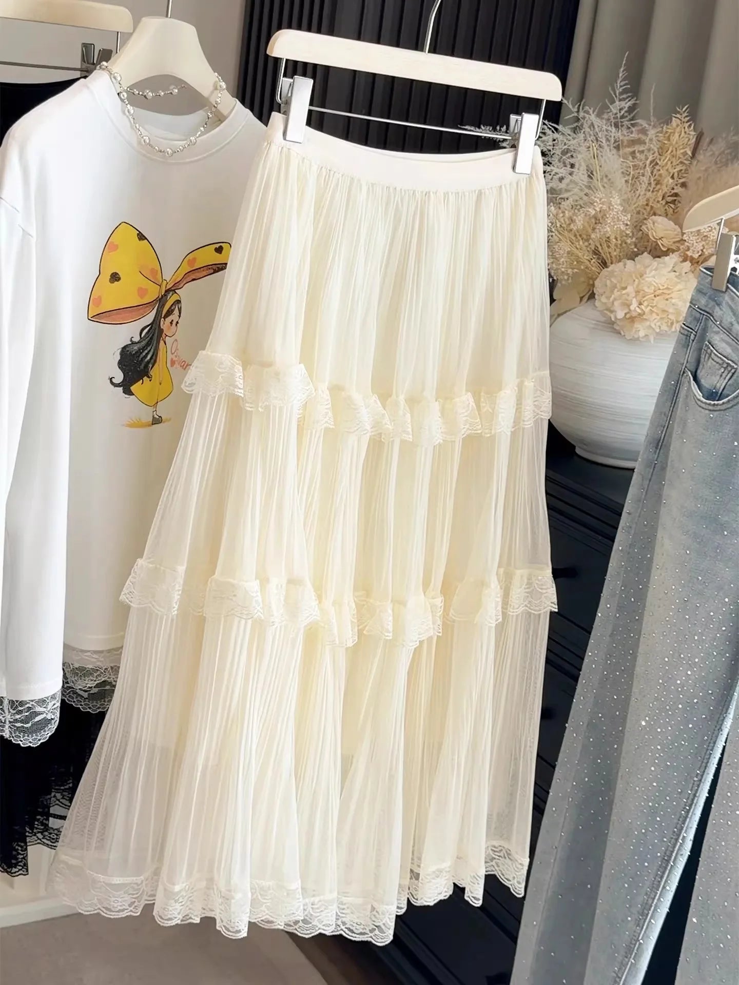 Retro Sweet White Long Skirt Women Casual Loose High Waist Elegant Skirt Vintage Lace Patchwork Korean Summer Long Skirts