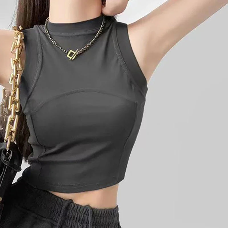 ITOOLIN Women O-neck Sports Crop Tops Solid Cotton Elastic Slim Tank Tops Sleeveless Casual Tank Tops Women Tops Spring Summer