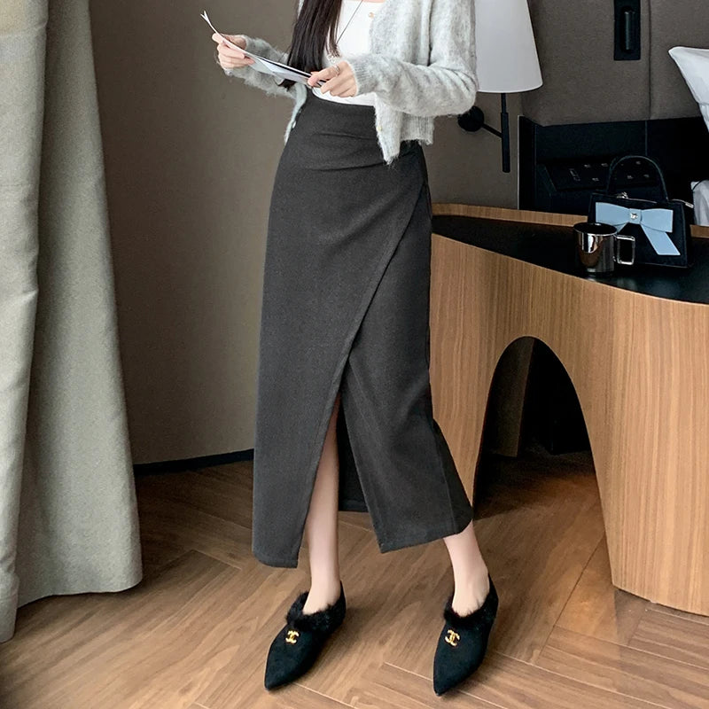 Fashion Korean Winter Woolen Midi Skirt Women Sexy Side Slit Crossed Bodycon Pencil Skirts Elegant High Waist Wrap Faldas Largas