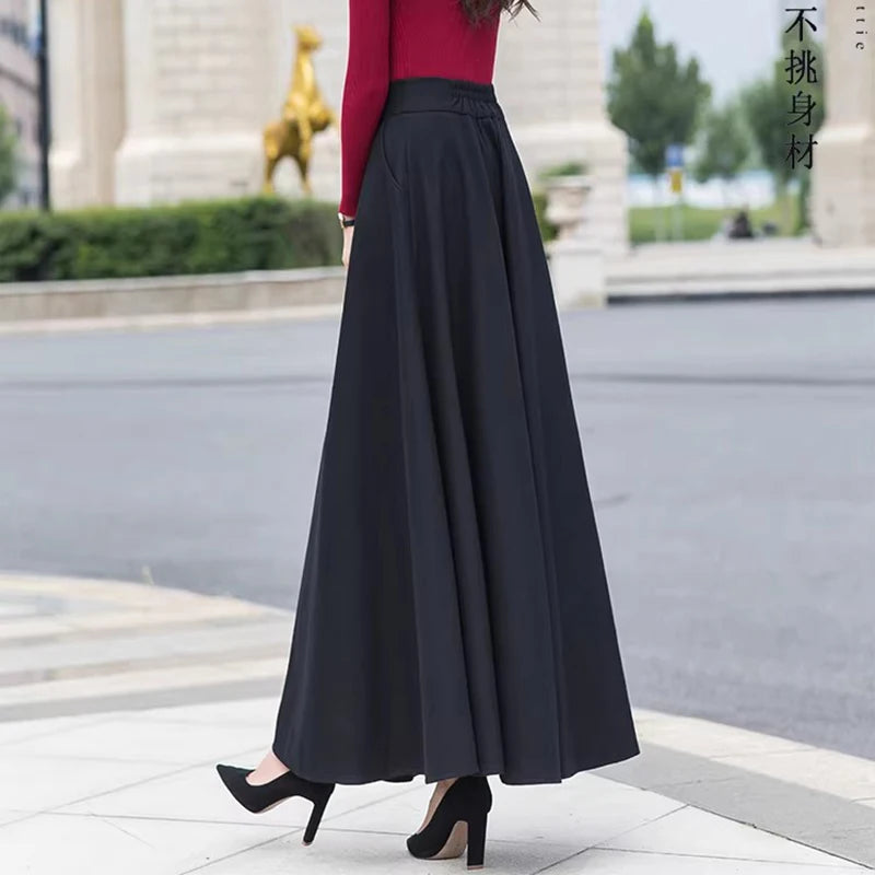 Gray wool blend half skirt, women's winter large swing slimming black long skirt, Korean style A-line high-waist umbrella skirt