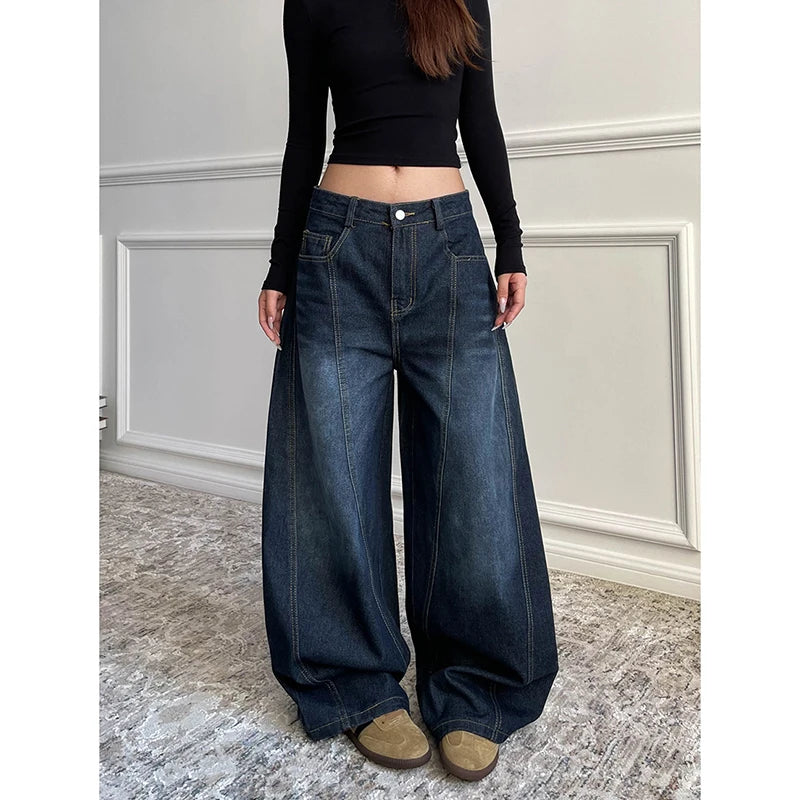 Blue Women's Retro Y2K 2000s Wide Leg Baggy Casual Denim Trouser High Waist Loose Jeans 2024 Autumn Harajuku Full Length Pants