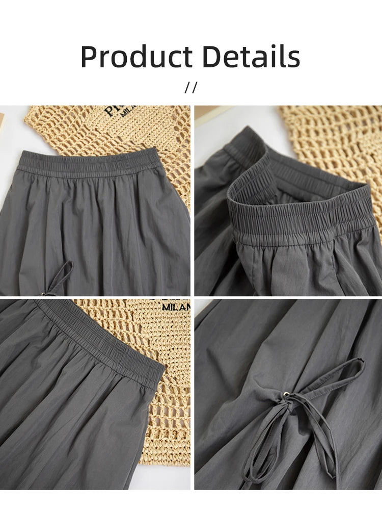 Women's Summer High Waisted Bow Cargo Skirt - Korean Effortless Chic Flowy Big Hem Umbrella Skirt Midi Casual Skirt