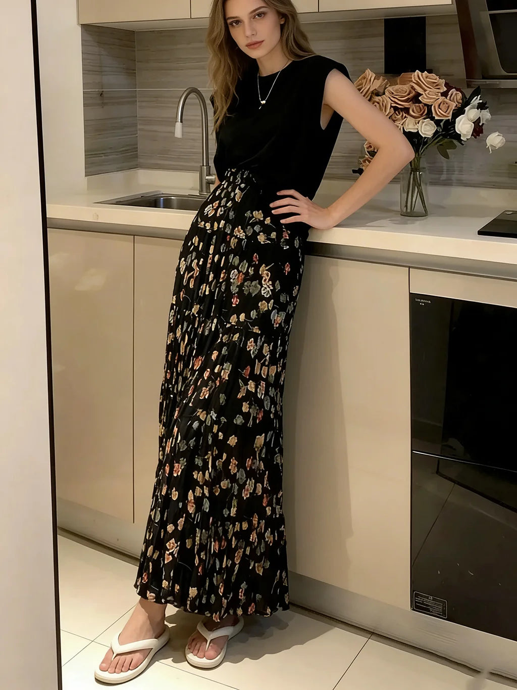 New Fashion Summer Trendy Women's Elegant Ink Dyed Printed A-line Skirt Women's Elastic High Waist Splicing Folded Long Skirt