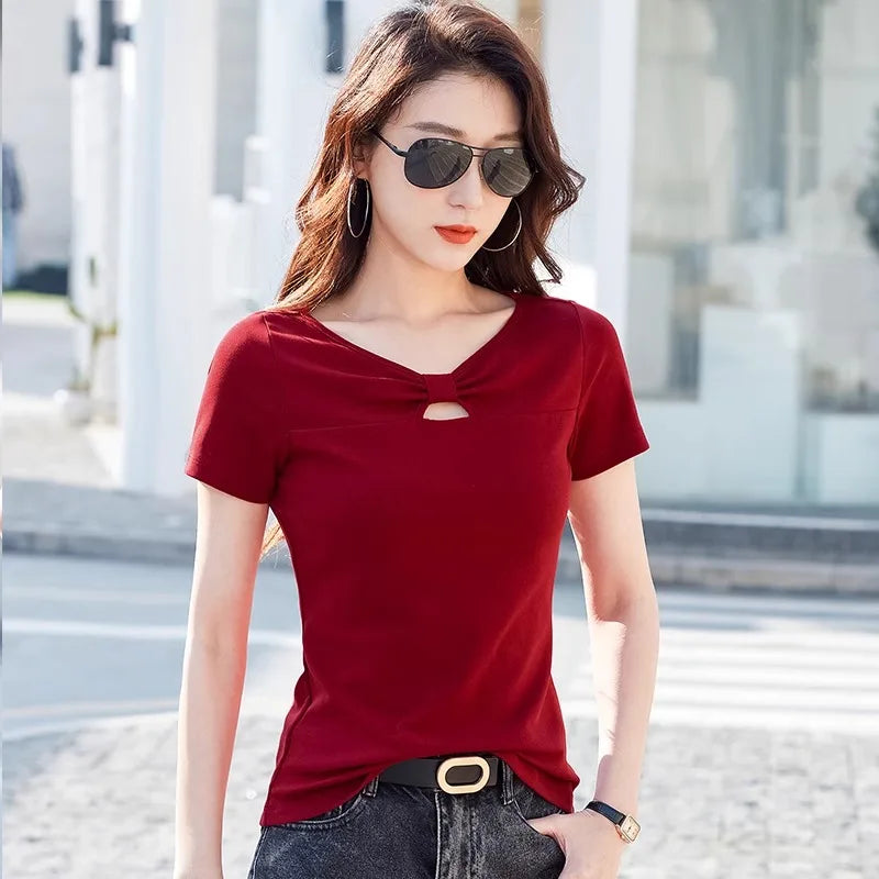Korean version pure cotton short sleeved t-shirt women's summer new high-end fashion plus size slim fit casual T-shirt V-neck to