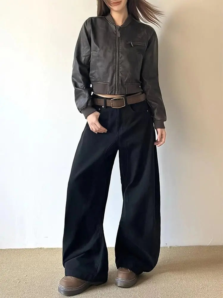 American Vintage 2000s Style High Waist Camel Jeans Pants Spring Fashion Women's Baggy Y2K Wide Leg Denim Trouser Female Clothes