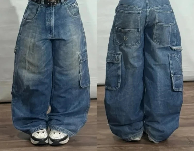 Street Vintage Jeans New Y2K Harajuku Wash Blue Multiple pockets Baggy Jeans Denim Pants Mens Womens High Waist Wide Trousers
