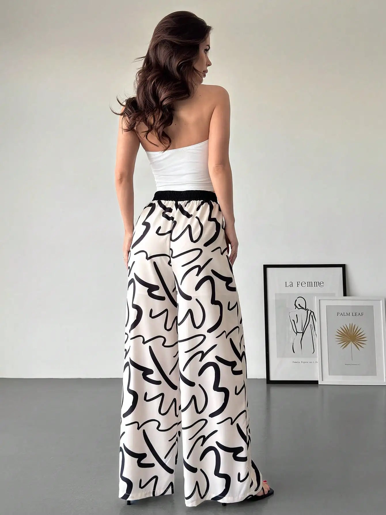 Women's color-block printed loose-fit high-waist wide-leg pants, suitable for commuting, casual wear, and vacations