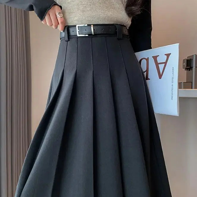 Women's Wool Skirt - High-Waisted, Slimming Belted, Plus Size Vintage-Inspired, Versatile Mid-Length Pleated Skirt