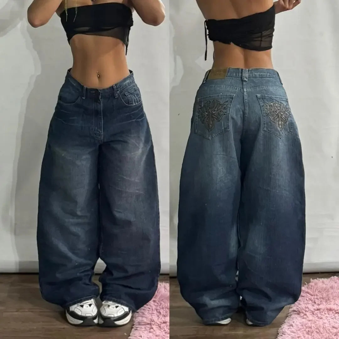 Joker Y2K Hip-Hop Retro Jeans Female Korean Casual Wide-Leg Pants Loose Fit Stitching Fashion Essential Overalls