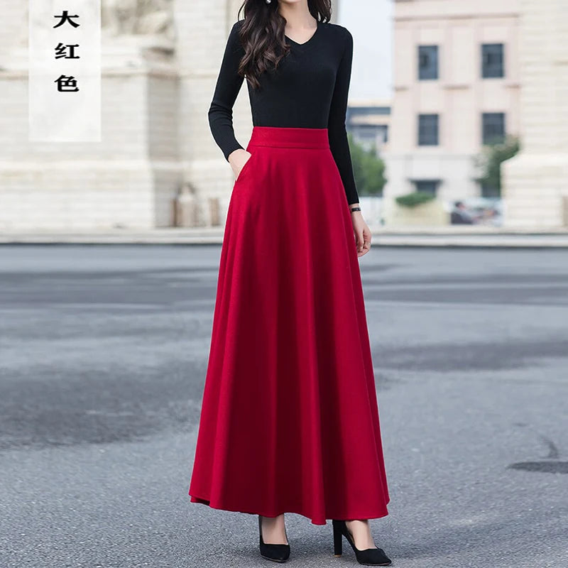 Gray wool blend half skirt, women's winter large swing slimming black long skirt, Korean style A-line high-waist umbrella skirt