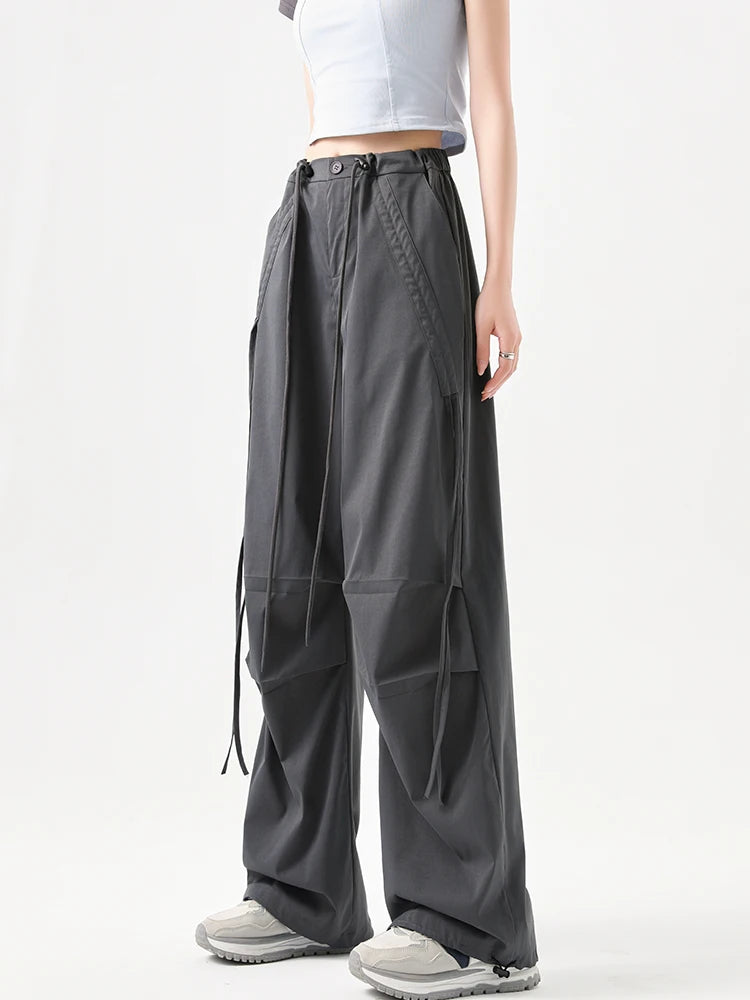 Women's Korean Style Cargo Pants 2025 Spring Autumn - High Waisted Quick Dry Wide Leg Pants with Bow Drawstring