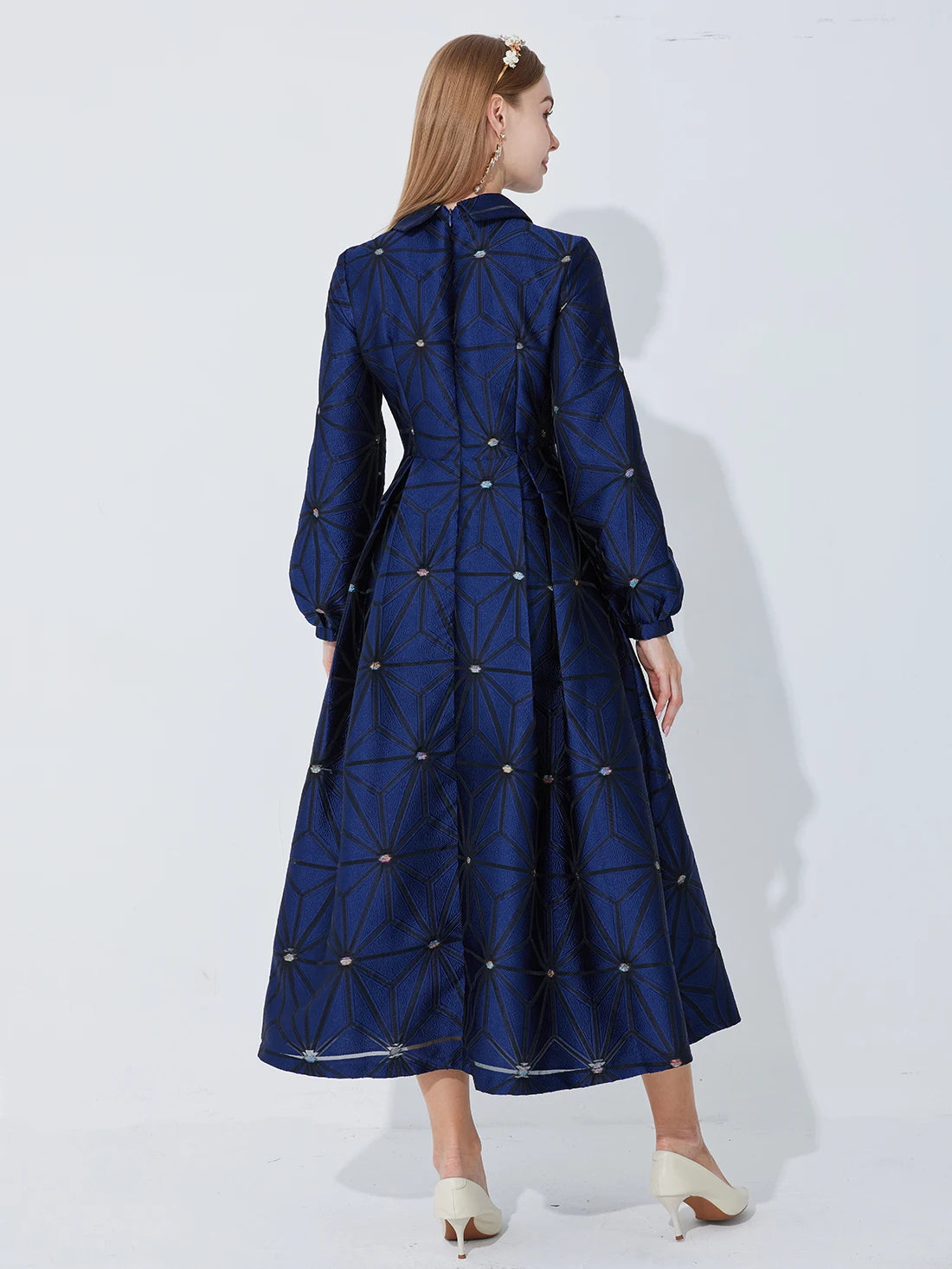 Fall/Winter Turned Collar Lined Sleeve A-Line Silhouette Geometric Heavyweight Jacquard Elegant and Graceful Long Dress