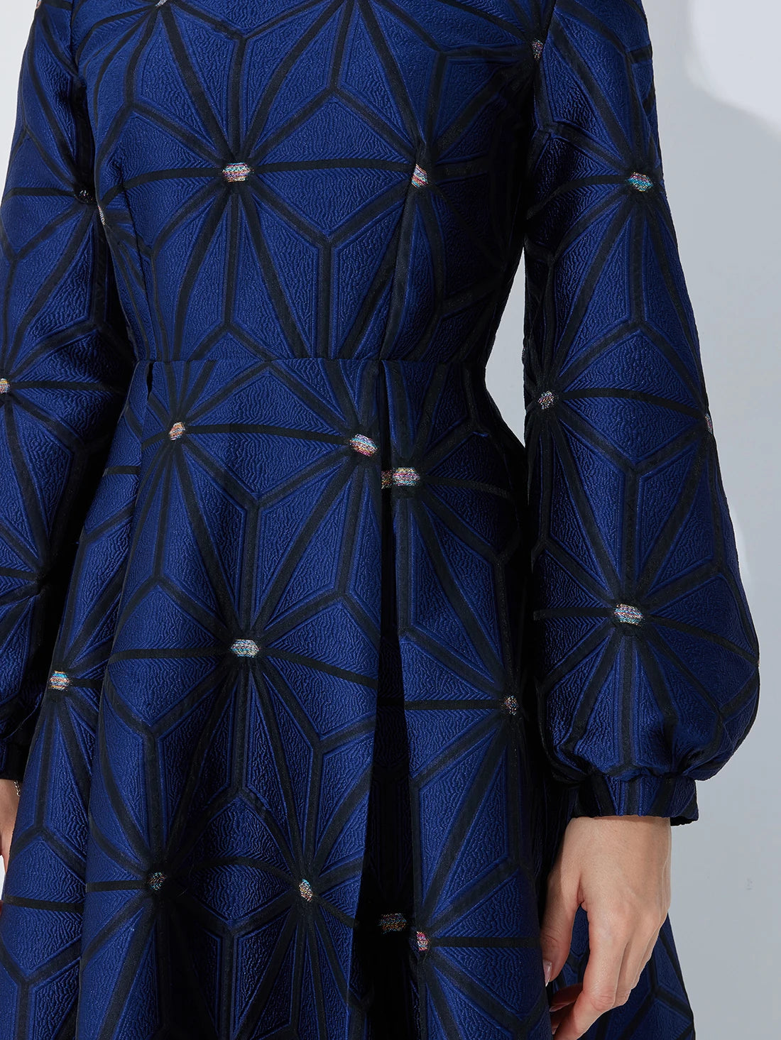 Fall/Winter Turned Collar Lined Sleeve A-Line Silhouette Geometric Heavyweight Jacquard Elegant and Graceful Long Dress