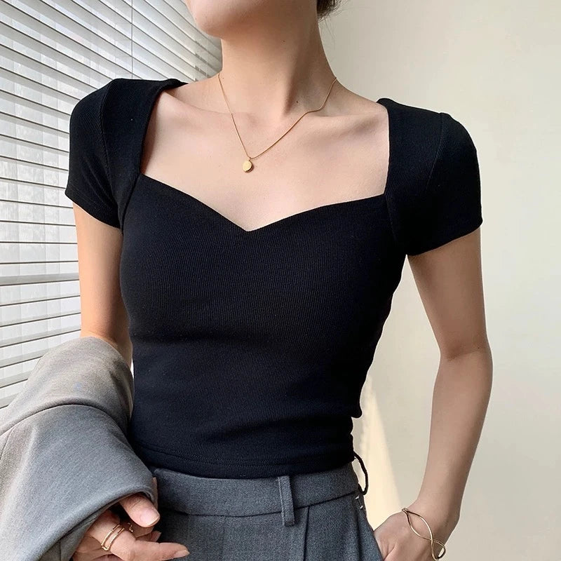 Women Square Neck Rib Crop T-shirt Summer Short Sleeve Crop Top Ladies Sexy Solid Color Short Tops Basic Black Tee Shirt