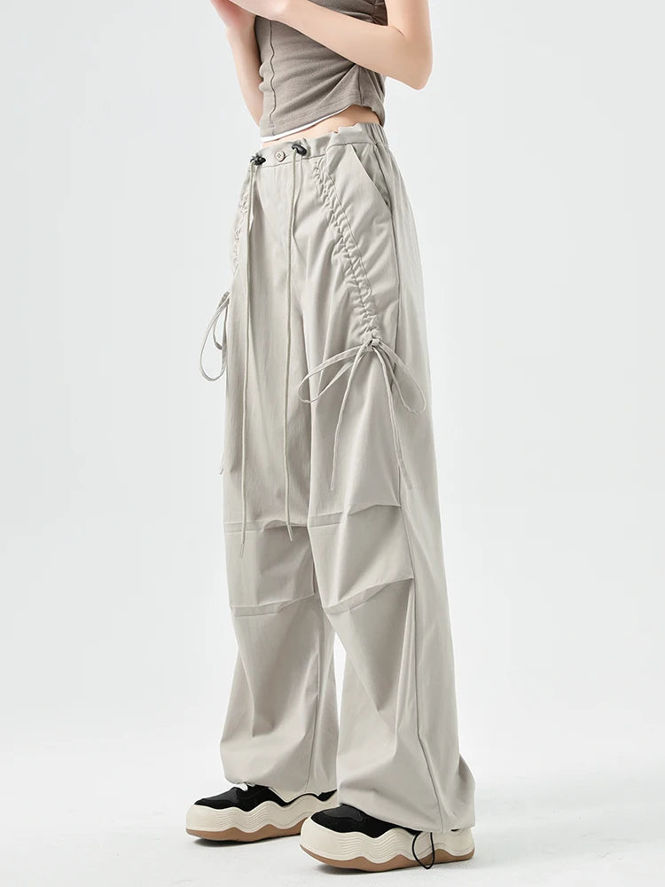 Women's Korean Style Cargo Pants 2025 Spring Autumn - High Waisted Quick Dry Wide Leg Pants with Bow Drawstring