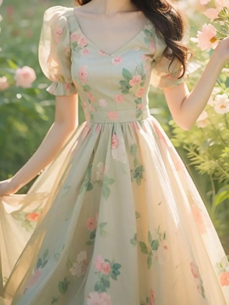 Beautiful Temperament Super Good-looking High-end Exquisite Waist-hugging Floral Puff Sleeve Dress for Women