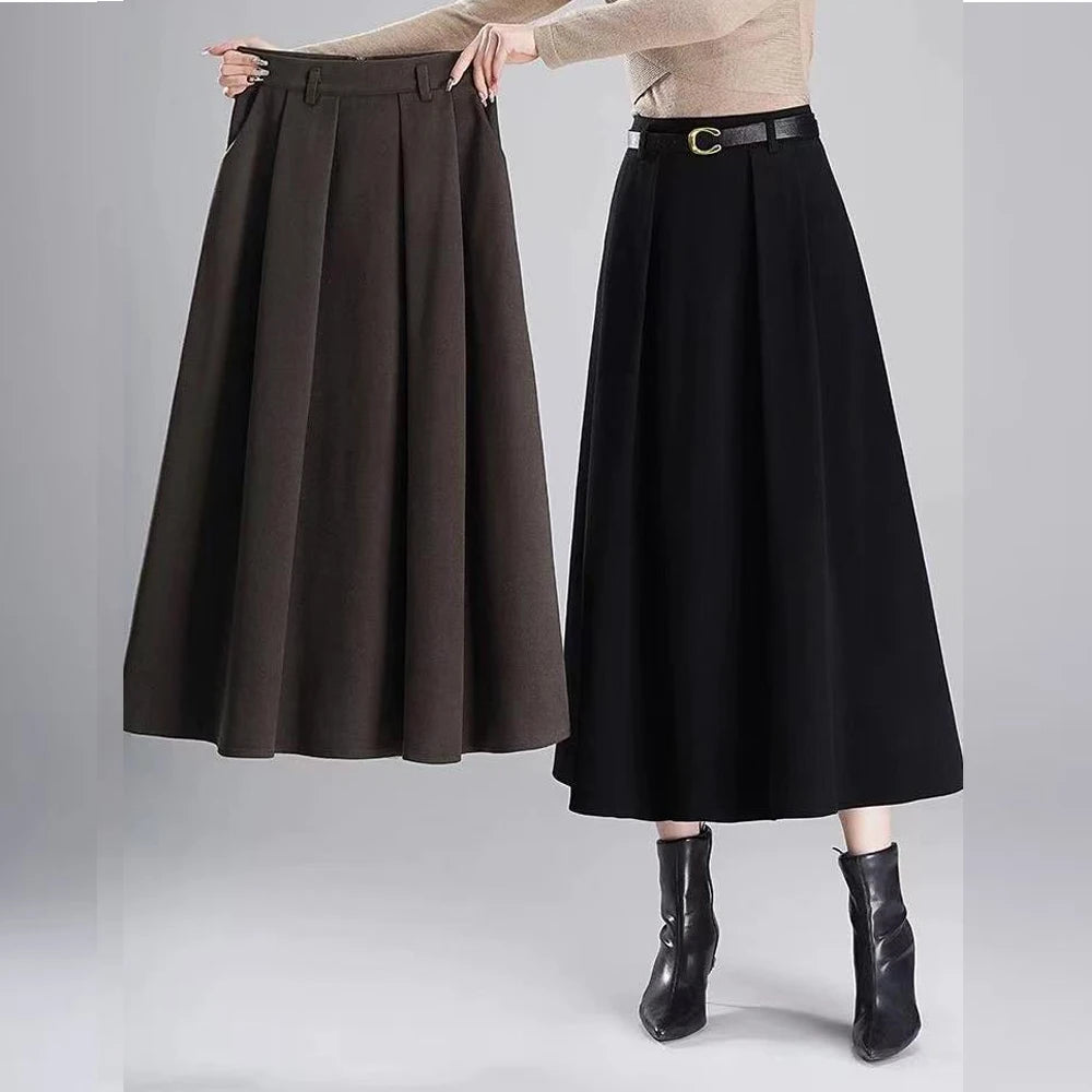 FairyShely Vintage Pleated Short Skirt Women 2026 Autumn Winter Woolen High Waist Belt Black Skirts Female Pocket A-line Skirt