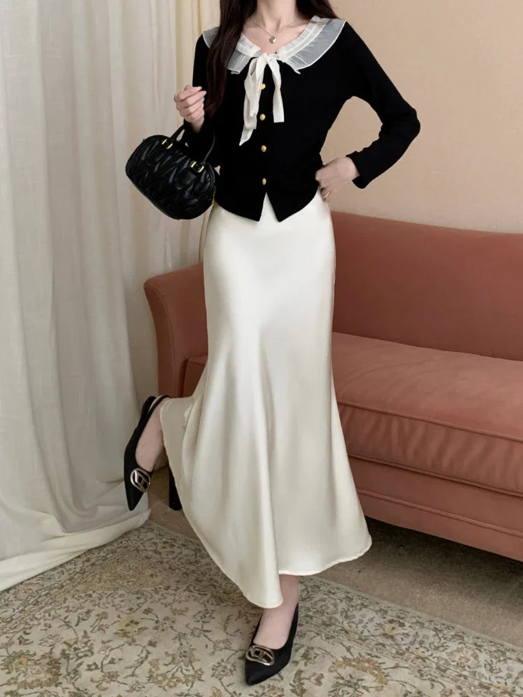 Spring Summer Women's Long Skirt High Waist Satin Silk A-line Skirt Ladies Korean Fashion Solid Pink Fishtail Skirts for Women