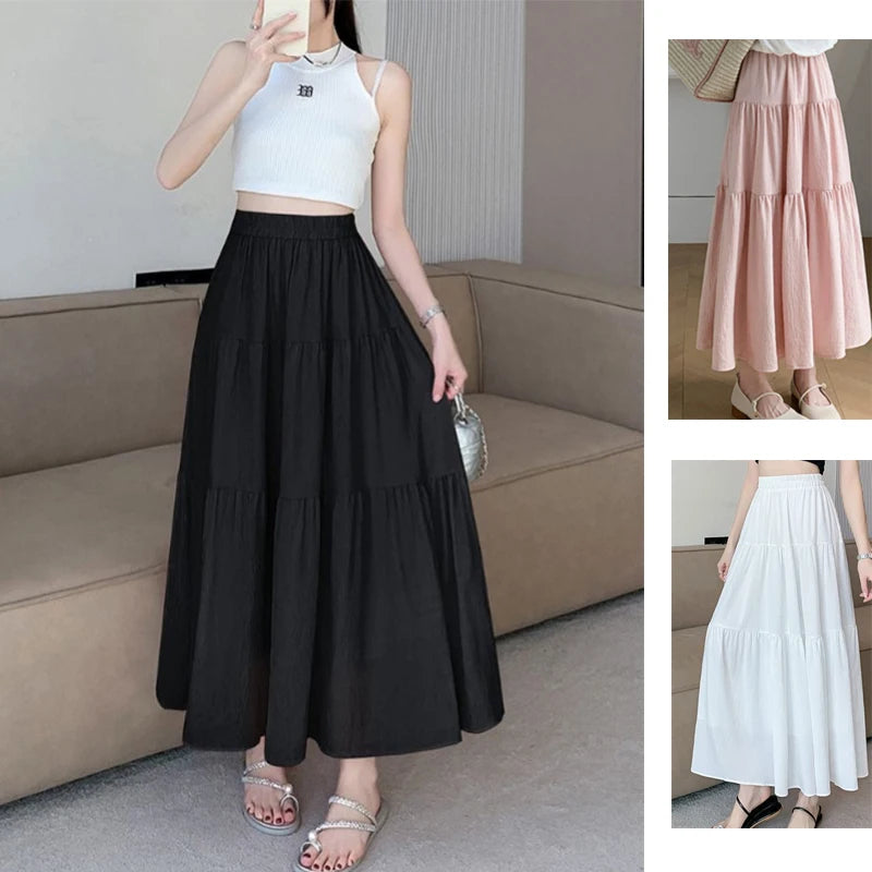 1pcs Women Skirts Girls High Waist Chic Long Cake A-line Skirt Female White Black Vintage Fashion With Lining Long Dress