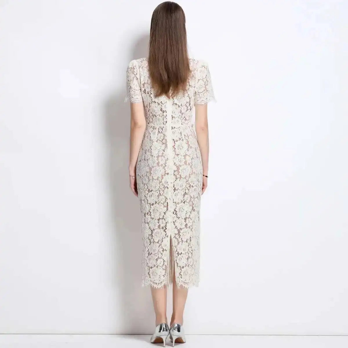 Luxury Crystal Bow Evening Formal Dress Women Summer Elegant Short Sleeve Hollow Out Pearl Embroidery Midi Long Lace Dresses