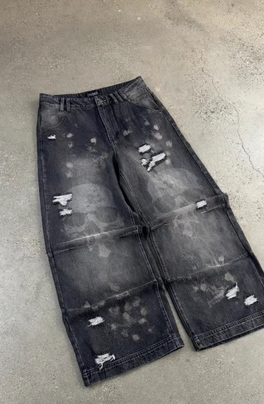 Y2K Gothic Women Retro Baggy Jeans Black Washed High Waist Ripped Hole Pants Wide Leg Oversized Trousers Y2k Tear Denim Pants