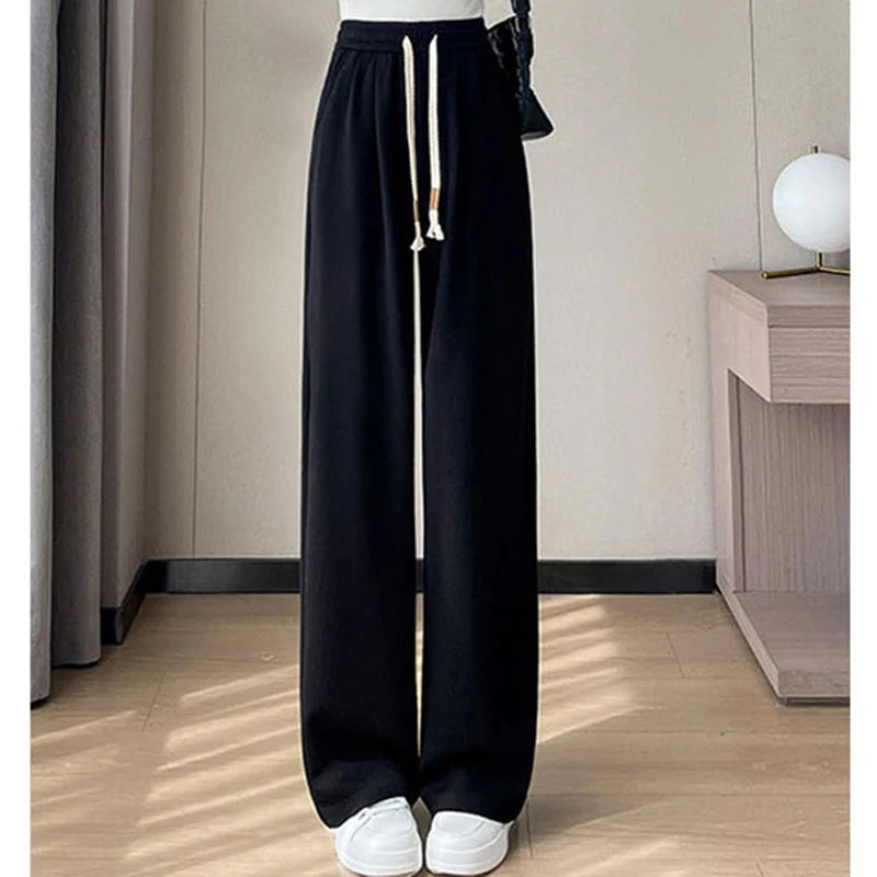 Autumn Women Classic Versatile Daily High Waisted Long Pants Lady Fashion Solid Cotton Elastic Wide Leg Straight Leg Trousers