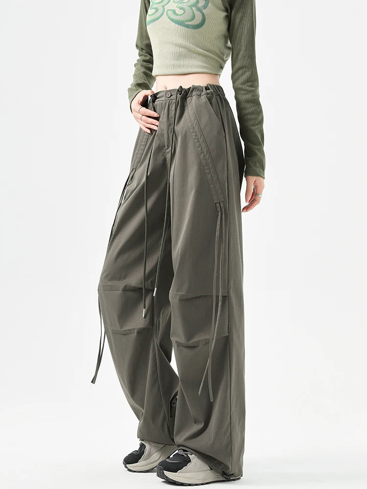 Women's Korean Style Cargo Pants 2025 Spring Autumn - High Waisted Quick Dry Wide Leg Pants with Bow Drawstring