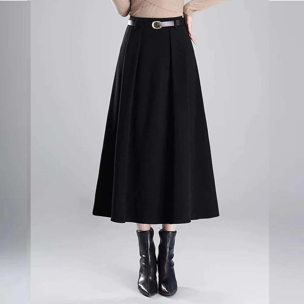 FairyShely Vintage Pleated Short Skirt Women 2026 Autumn Winter Woolen High Waist Belt Black Skirts Female Pocket A-line Skirt
