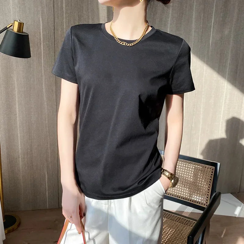 Short-sleeved T-shirt Solid Color Cotton Loose Round Neck Korean Version 2025 Spring And Summer Casual Bottoming Shirt Women