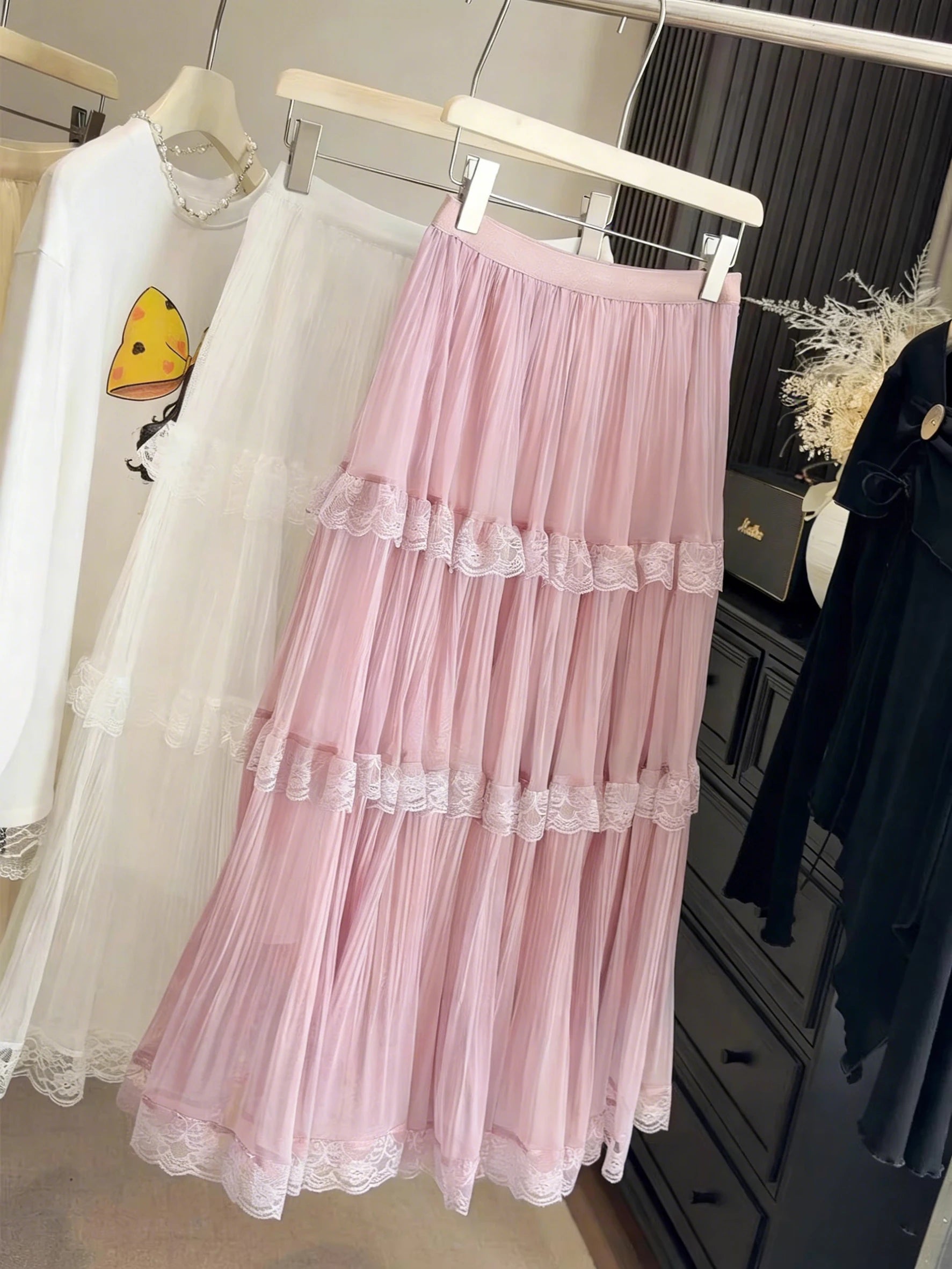 Retro Sweet White Long Skirt Women Casual Loose High Waist Elegant Skirt Vintage Lace Patchwork Korean Summer Long Skirts